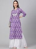 Janasya Women's Purple Cotton Batik Printed Casual Straight Kurta