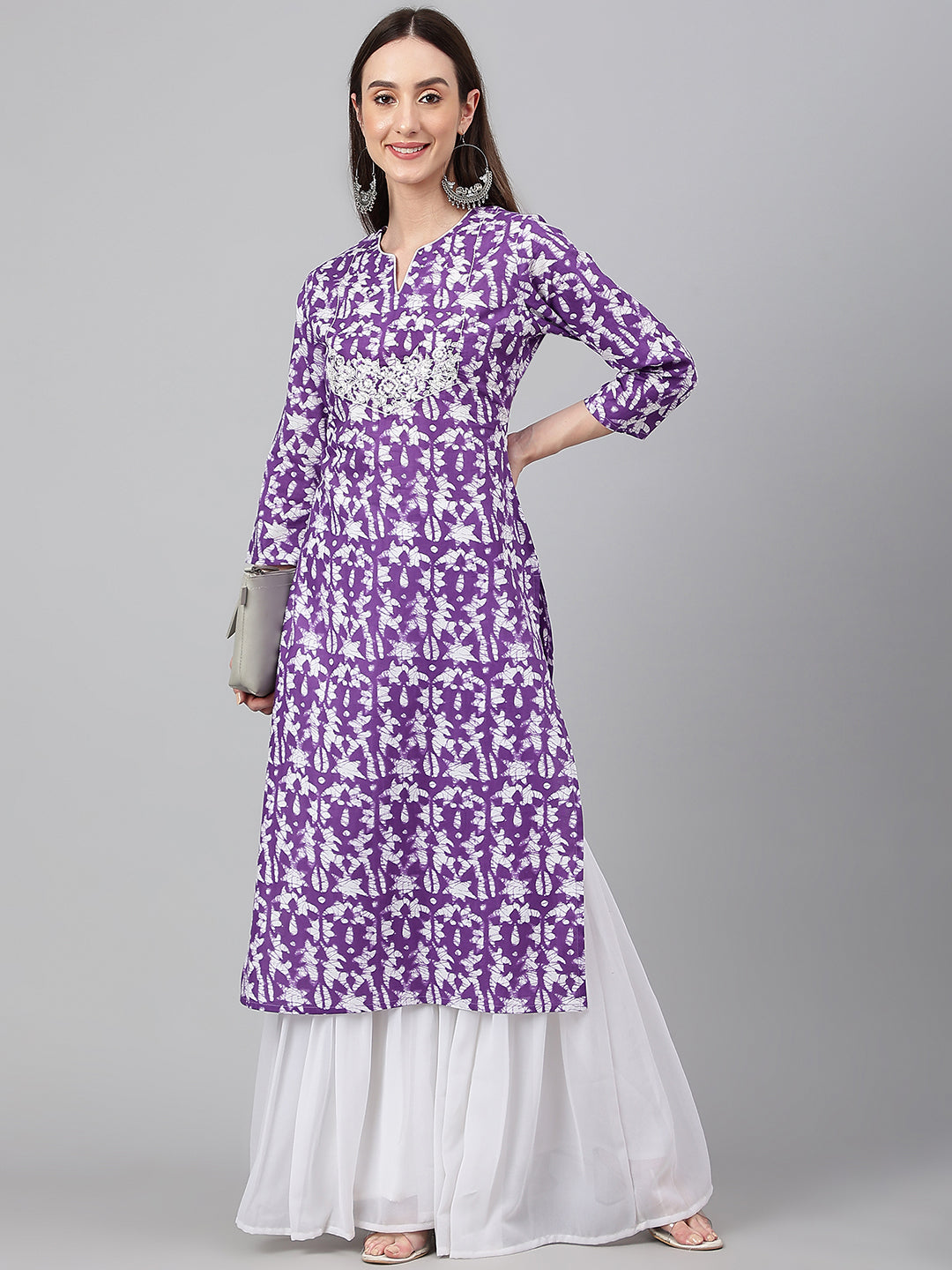 Janasya Women's Purple Cotton Batik Printed Casual Straight Kurta
