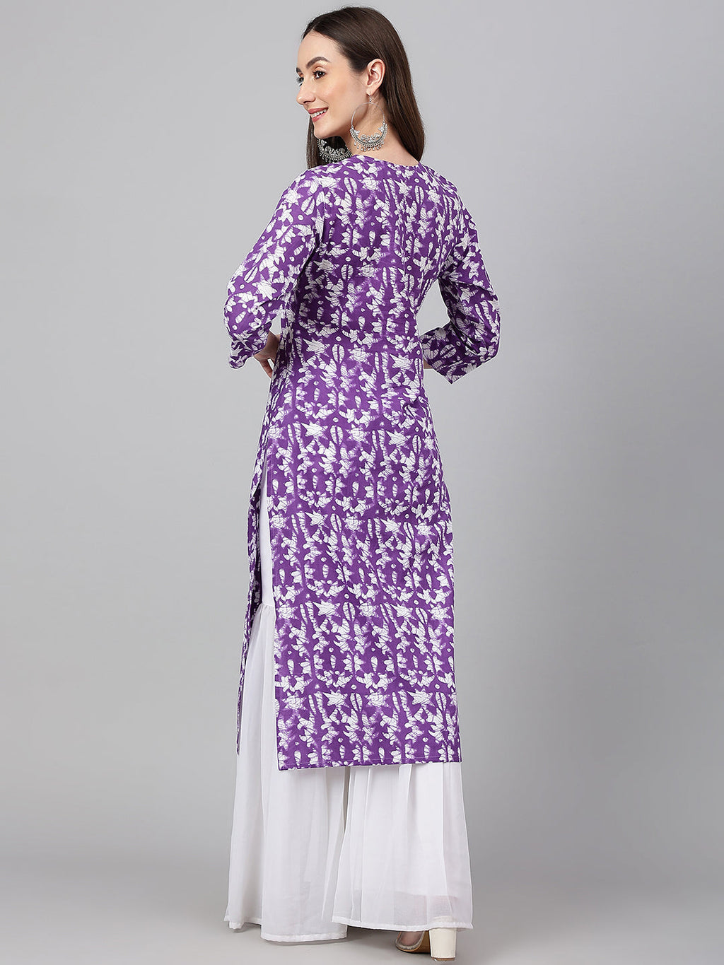 Janasya Women's Purple Cotton Batik Printed Casual Straight Kurta