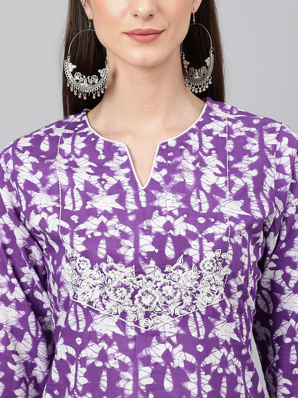 Janasya Women's Purple Cotton Batik Printed Casual Straight Kurta