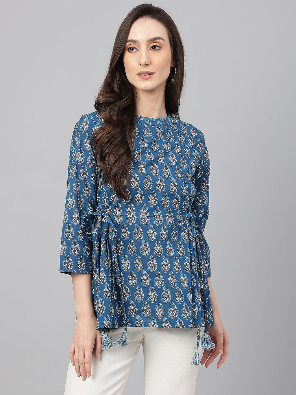Janasya Women's Teal Cotton Floral Print Flared Top