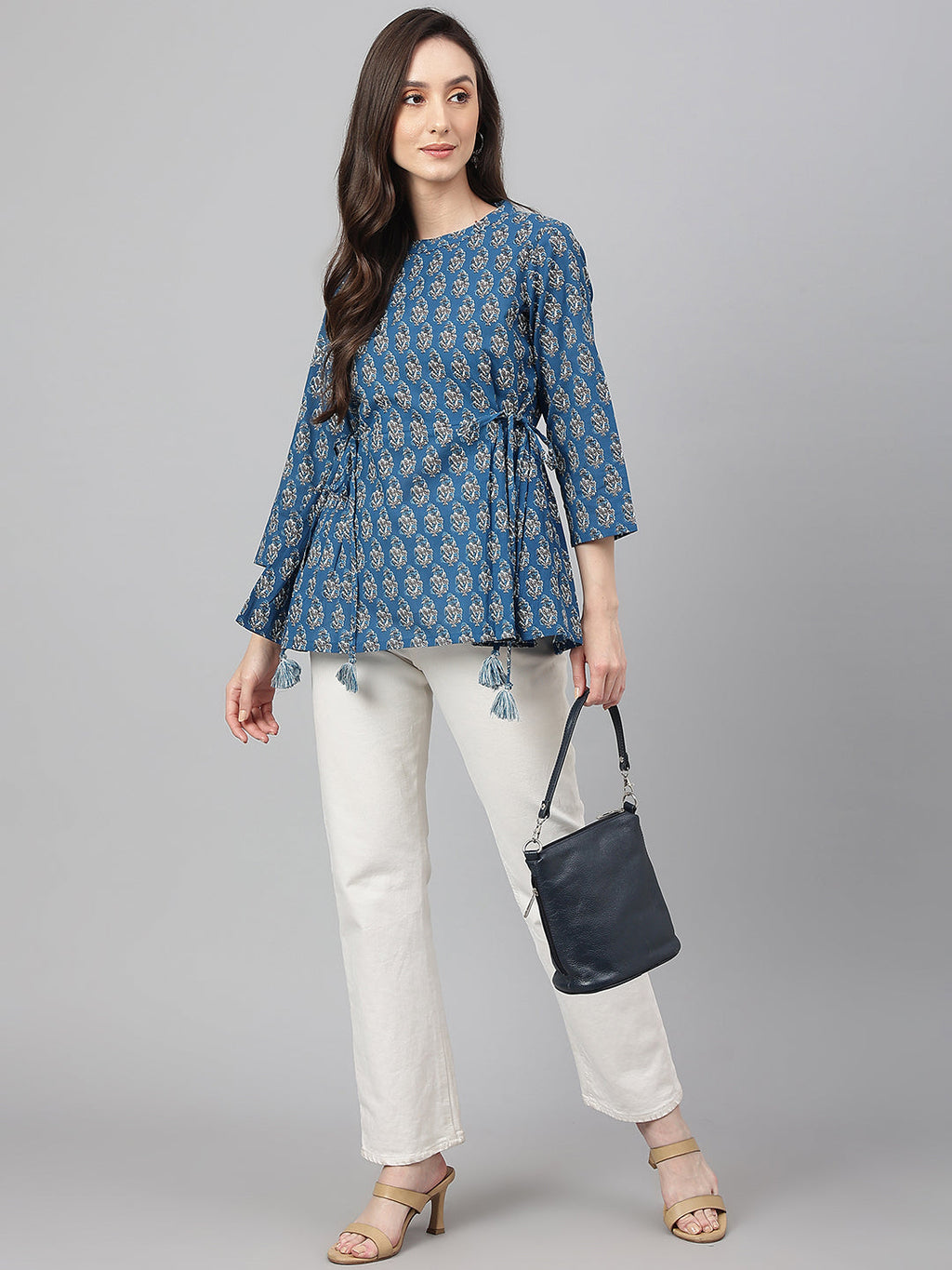 Janasya Women's Teal Cotton Floral Print Flared Top