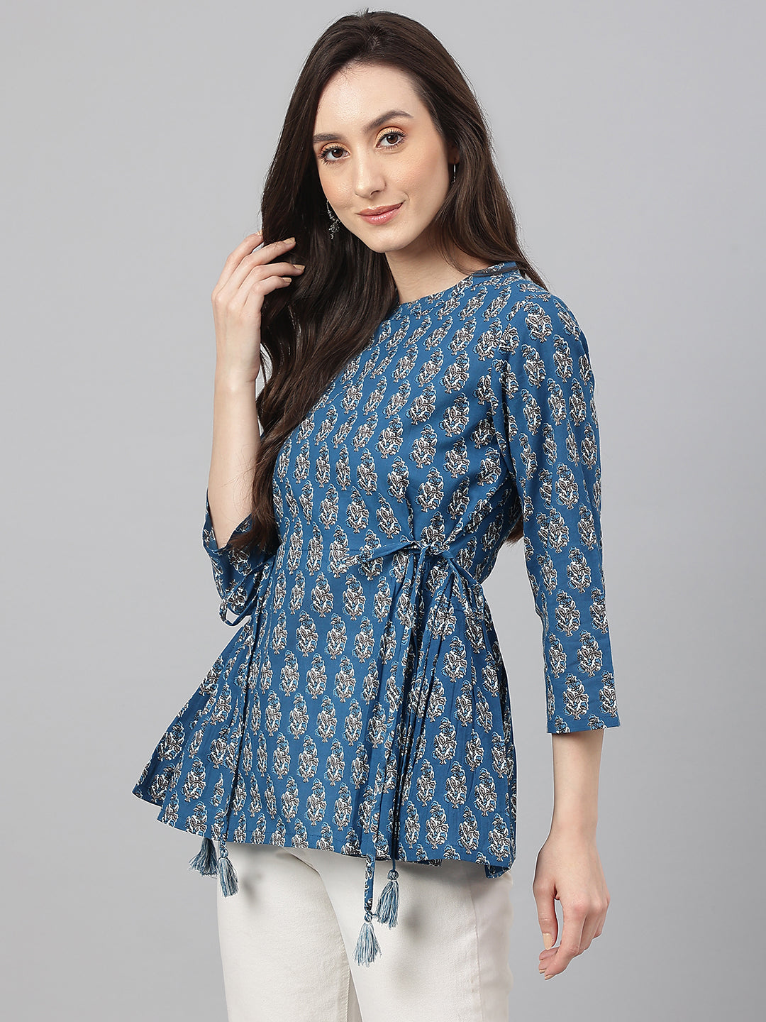 Janasya Women's Teal Cotton Floral Print Flared Top