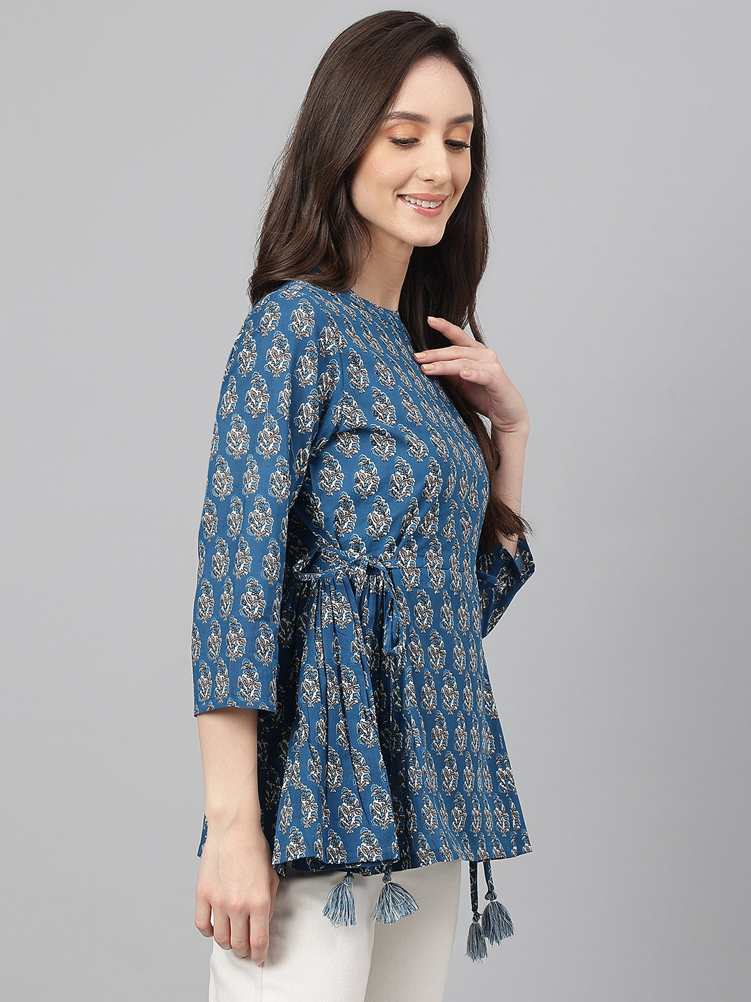 Janasya Women's Teal Cotton Floral Print Flared Top