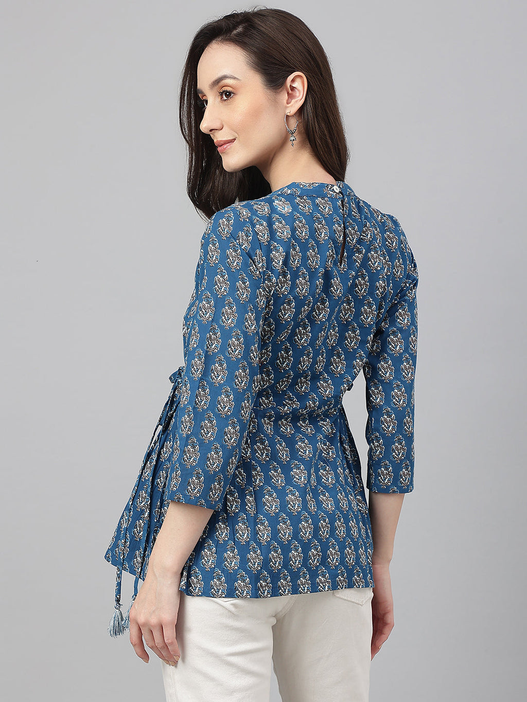 Janasya Women's Teal Cotton Floral Print Flared Top