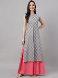 Janasya Women's Aqua Blue Cotton Botanical Printed Casual Straight Kurta