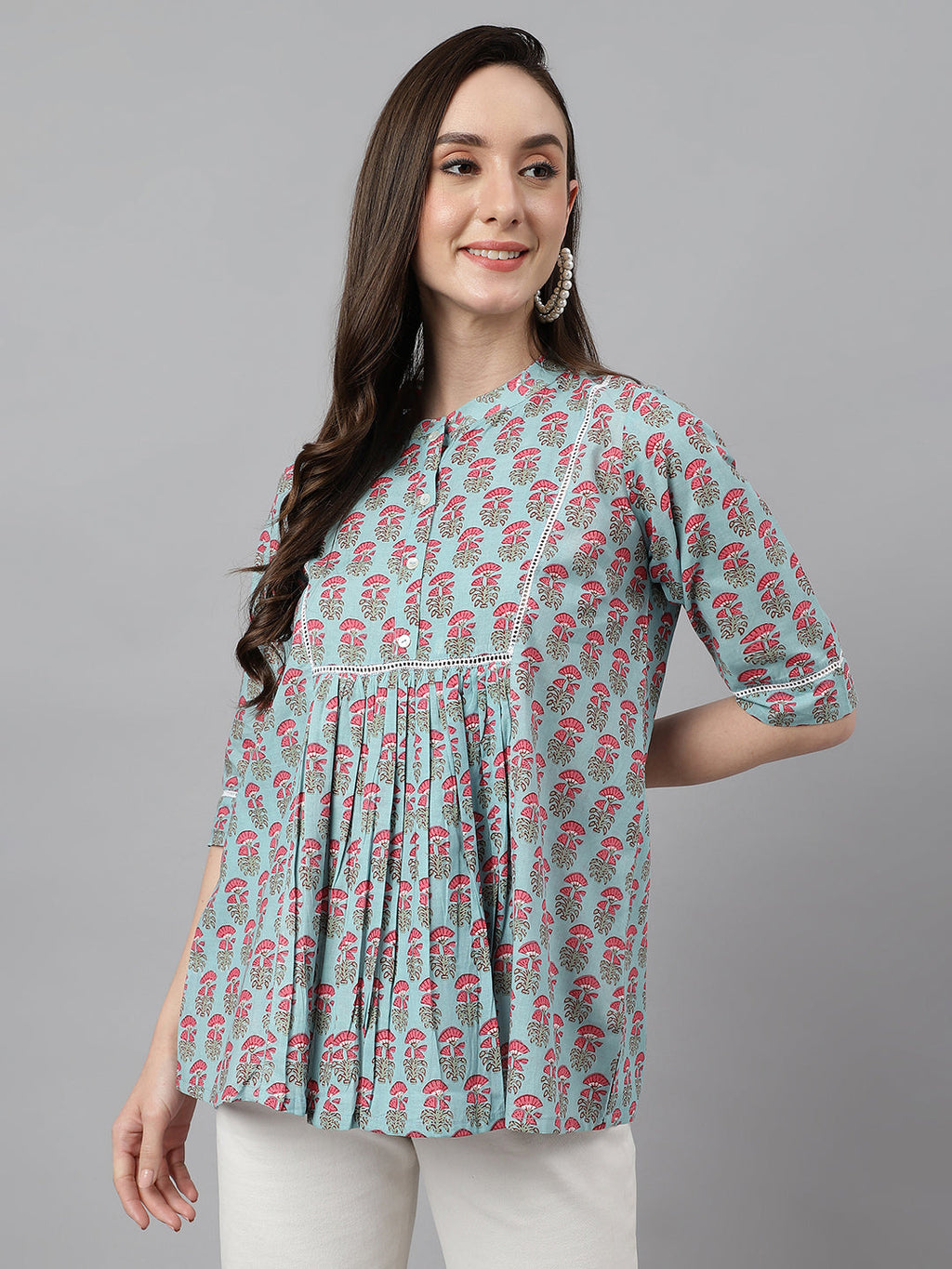 Janasya Women's Aqua Blue Cotton Floral Print A-Line Top