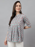 Janasya Women's Aqua Blue Cotton Floral Print A-Line Top