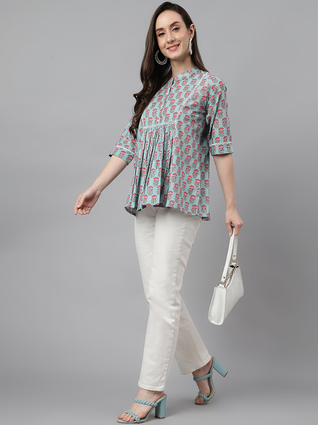 Janasya Women's Aqua Blue Cotton Floral Print A-Line Top