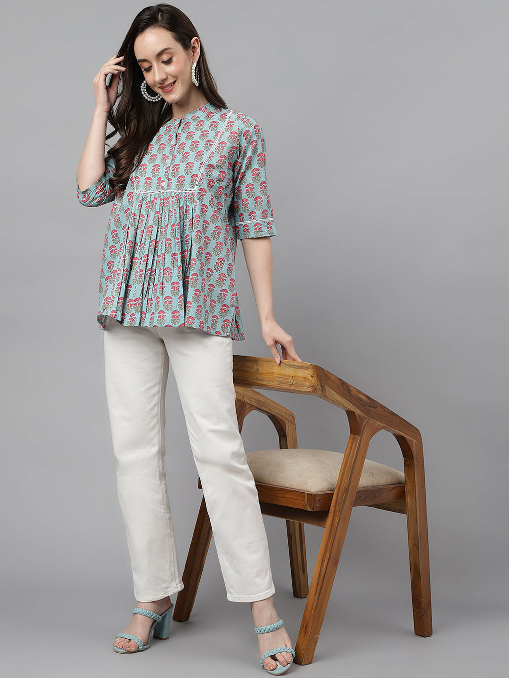 Janasya Women's Aqua Blue Cotton Floral Print A-Line Top