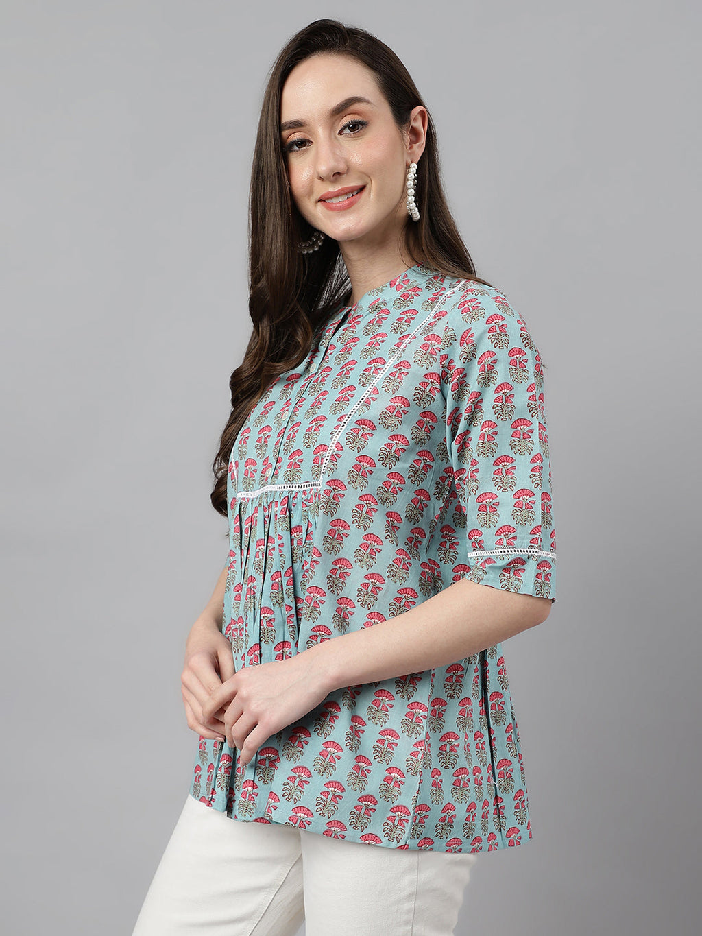 Janasya Women's Aqua Blue Cotton Floral Print A-Line Top