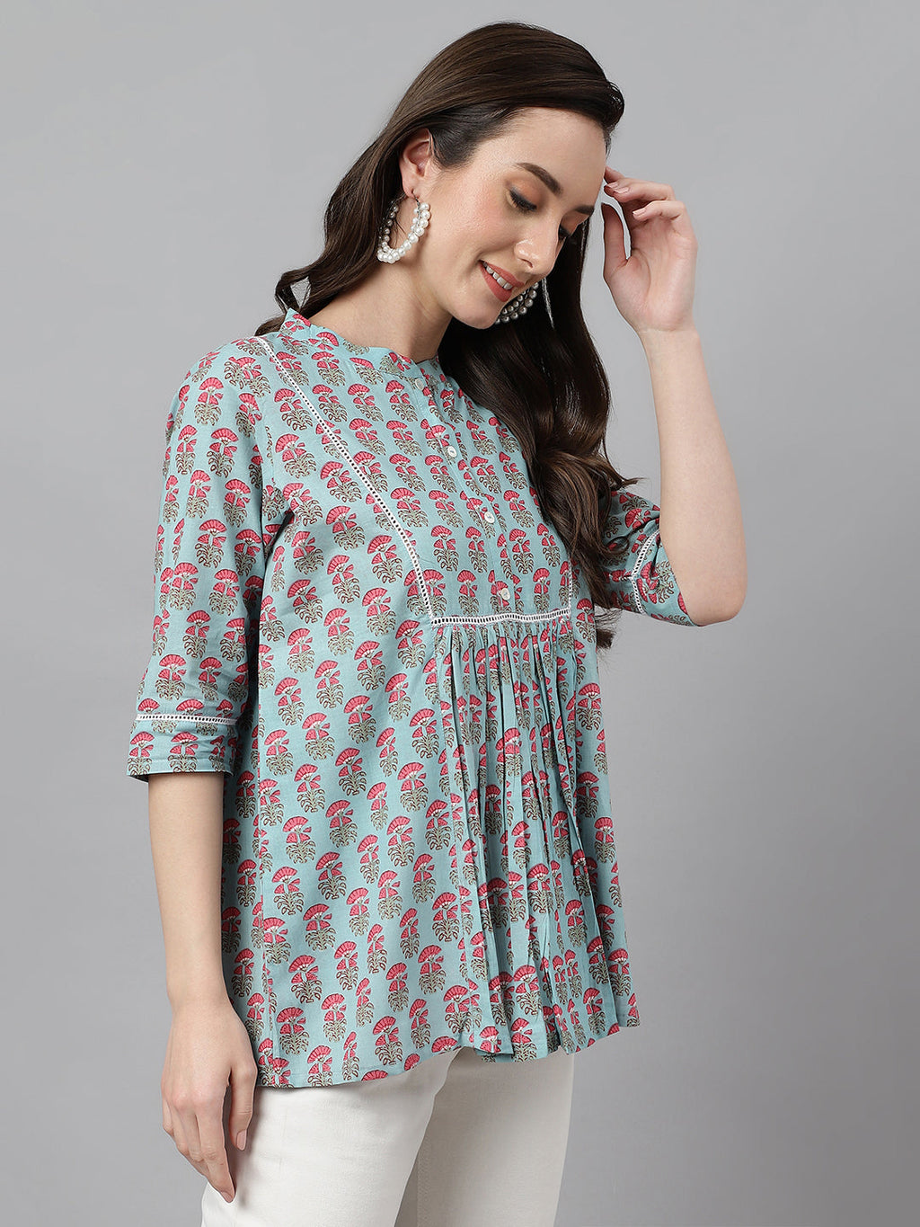 Janasya Women's Aqua Blue Cotton Floral Print A-Line Top