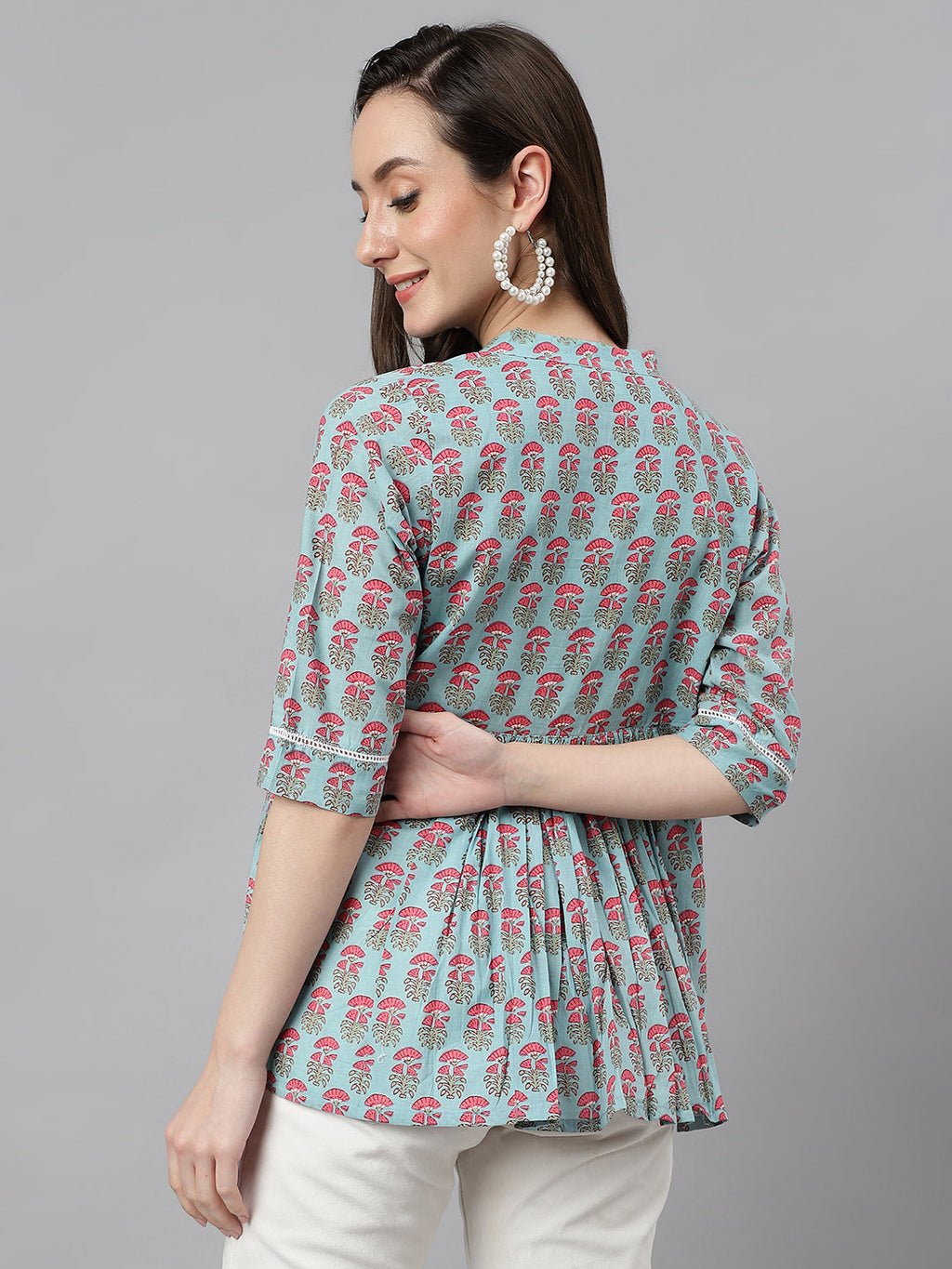 Janasya Women's Aqua Blue Cotton Floral Print A-Line Top