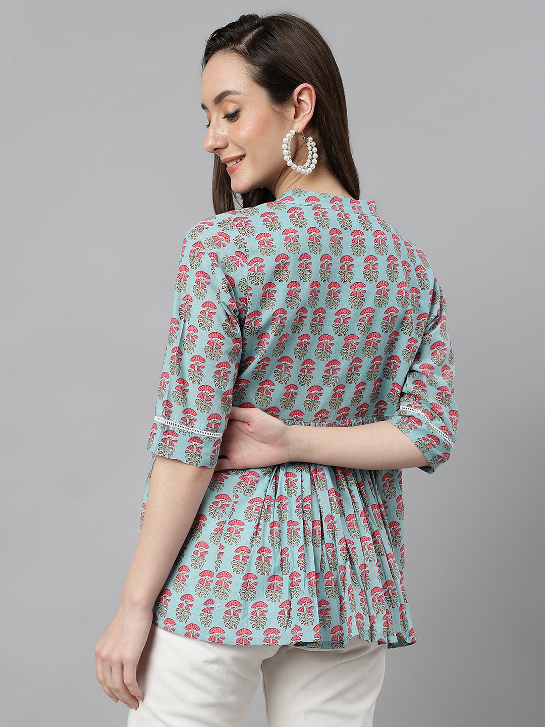 Janasya Women's Aqua Blue Cotton Floral Print A-Line Top