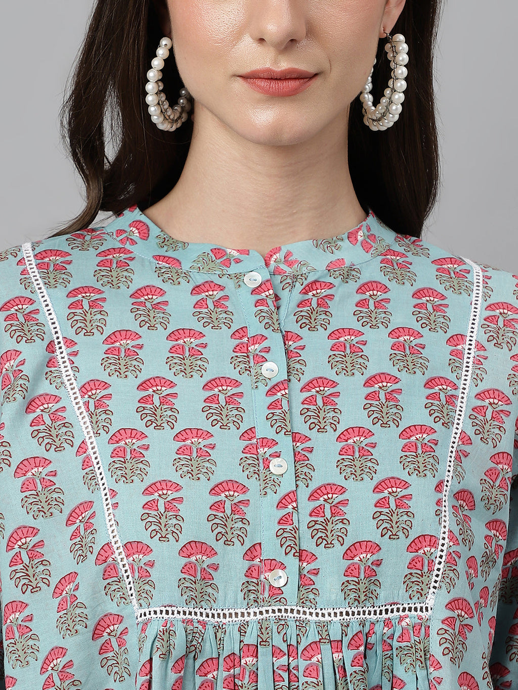 Janasya Women's Aqua Blue Cotton Floral Print A-Line Top