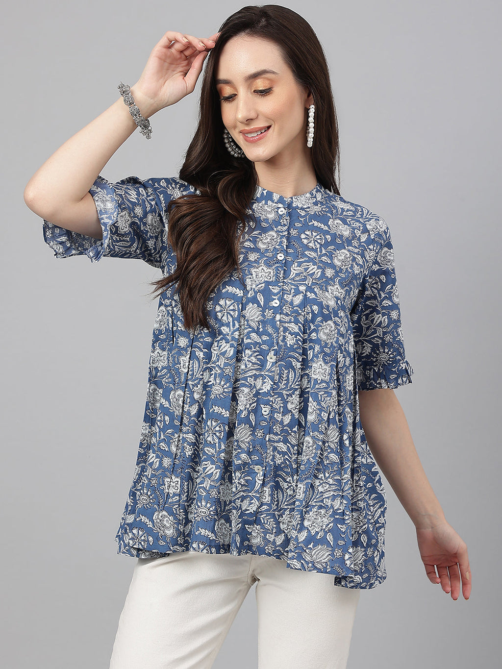 Janasya Women's Blue Cotton Floral Print Flared Top