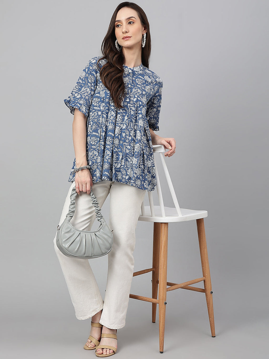 Janasya Women's Blue Cotton Floral Print Flared Top