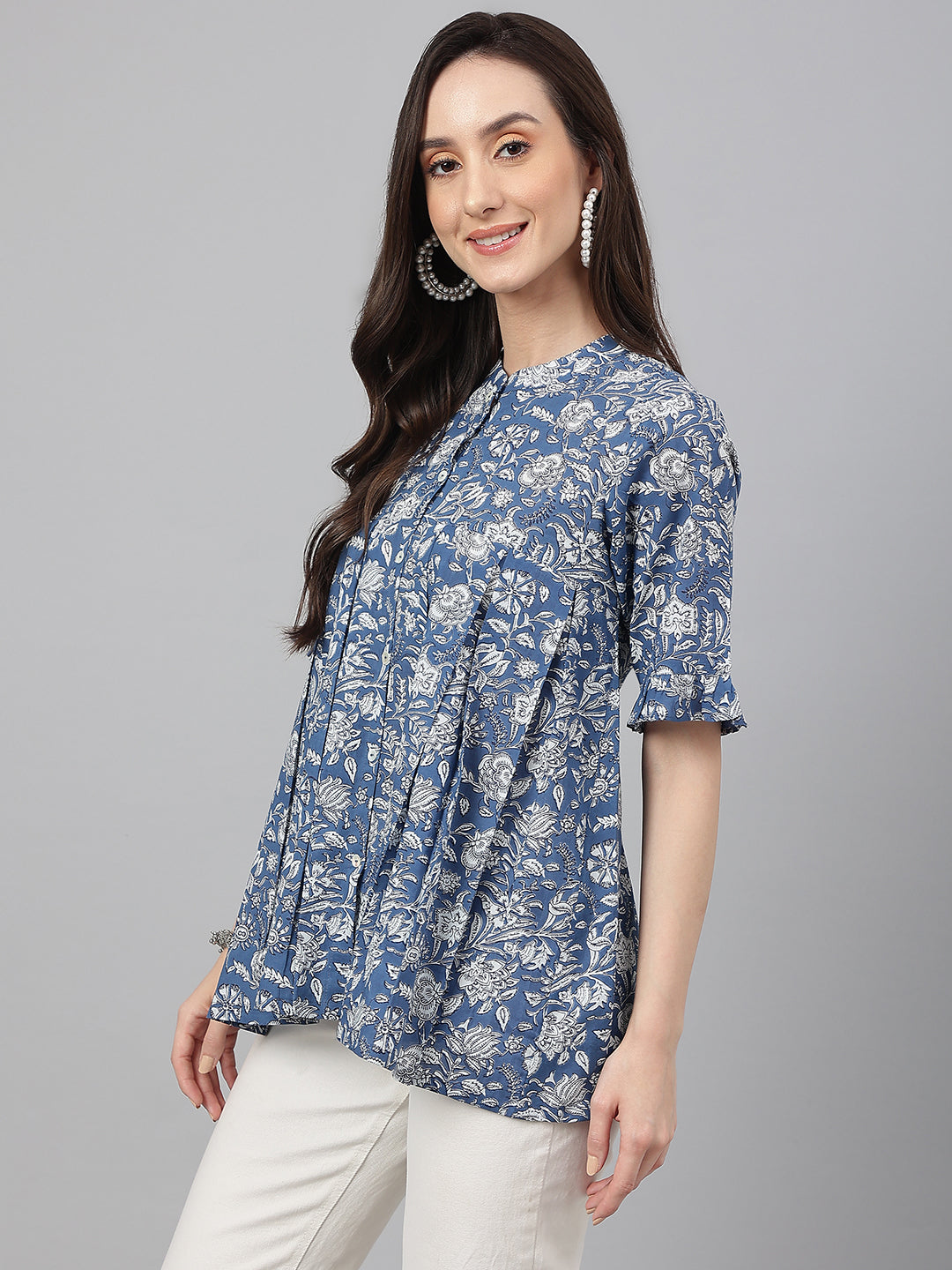 Janasya Women's Blue Cotton Floral Print Flared Top