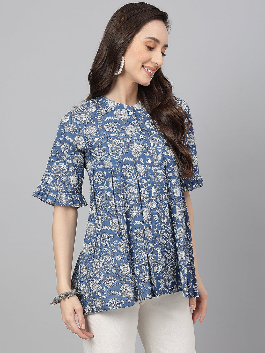 Janasya Women's Blue Cotton Floral Print Flared Top