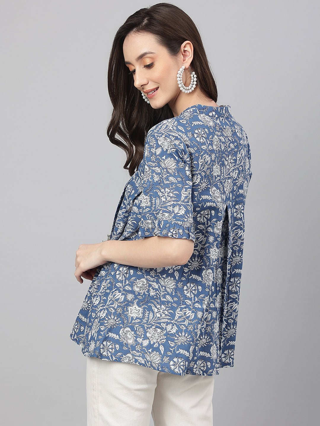 Janasya Women's Blue Cotton Floral Print Flared Top