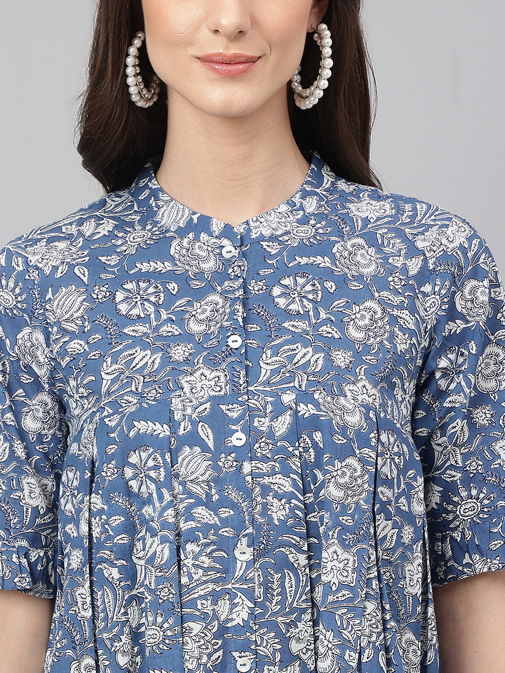 Janasya Women's Blue Cotton Floral Print Flared Top