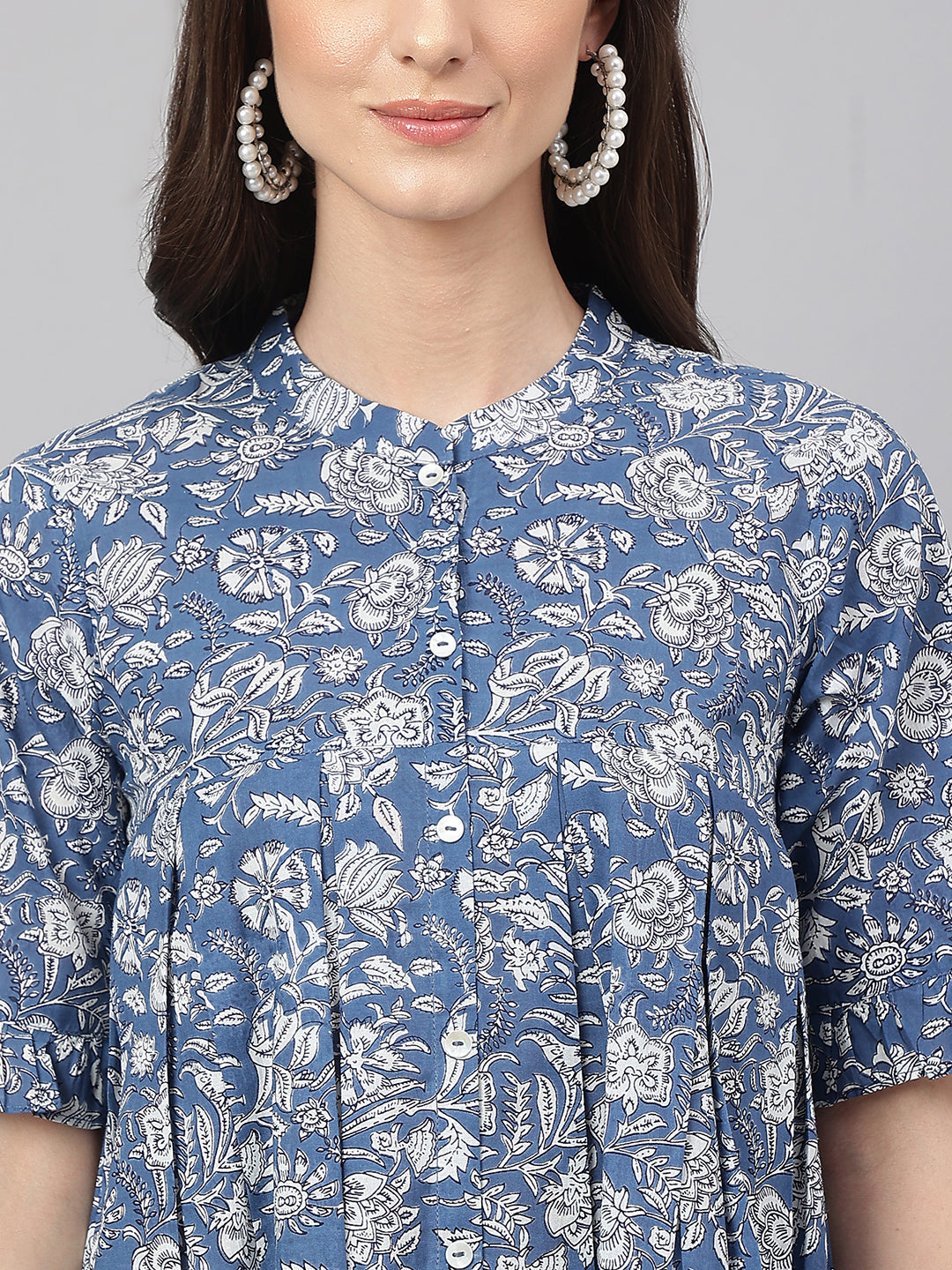 Janasya Women's Blue Cotton Floral Print Flared Top