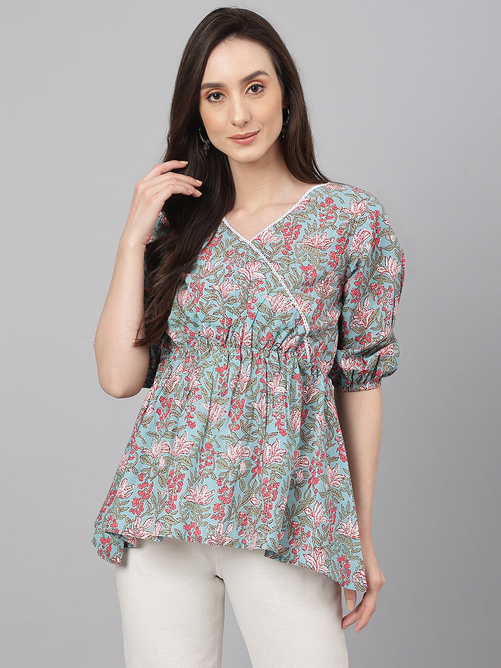Janasya Women's Aqua Blue Cotton Floral Print Peplum Top