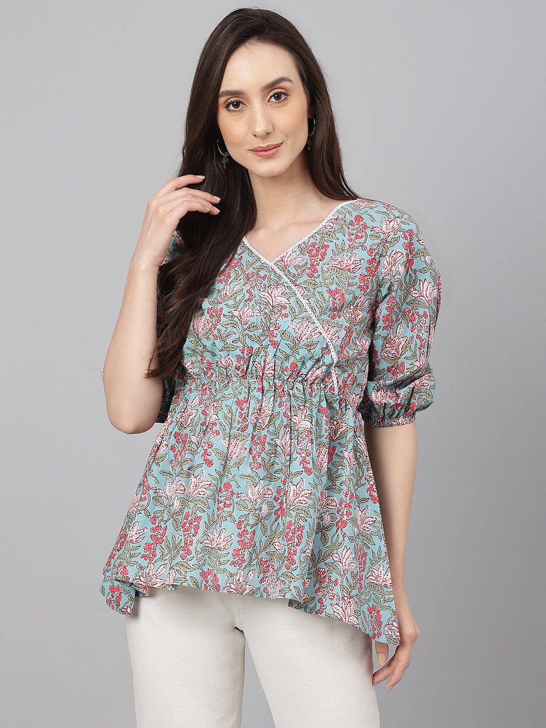 Janasya Women's Aqua Blue Cotton Floral Print Peplum Top