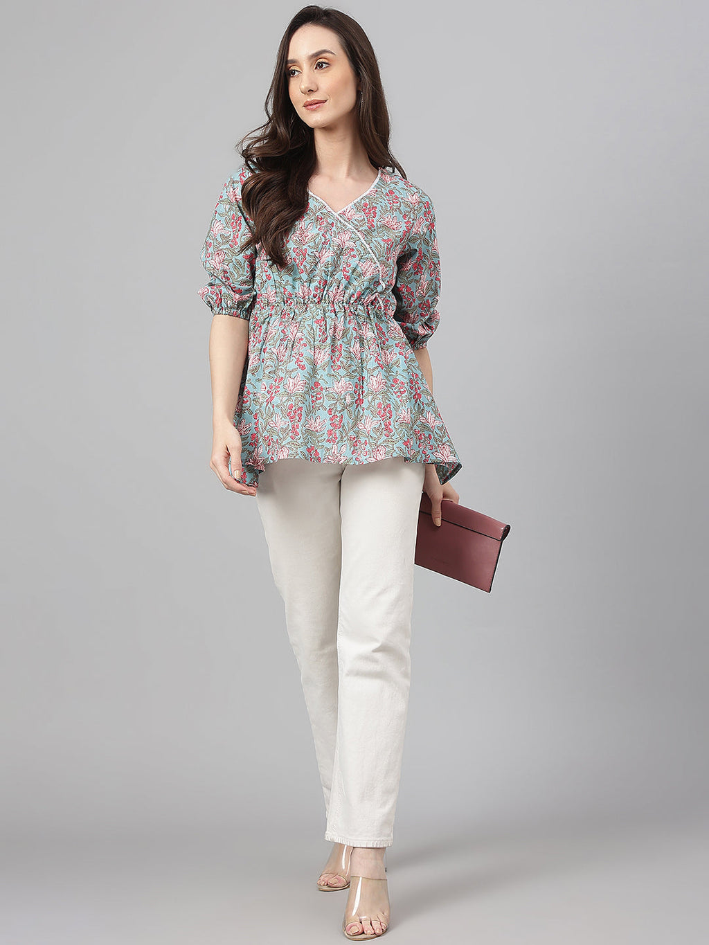 Janasya Women's Aqua Blue Cotton Floral Print Peplum Top