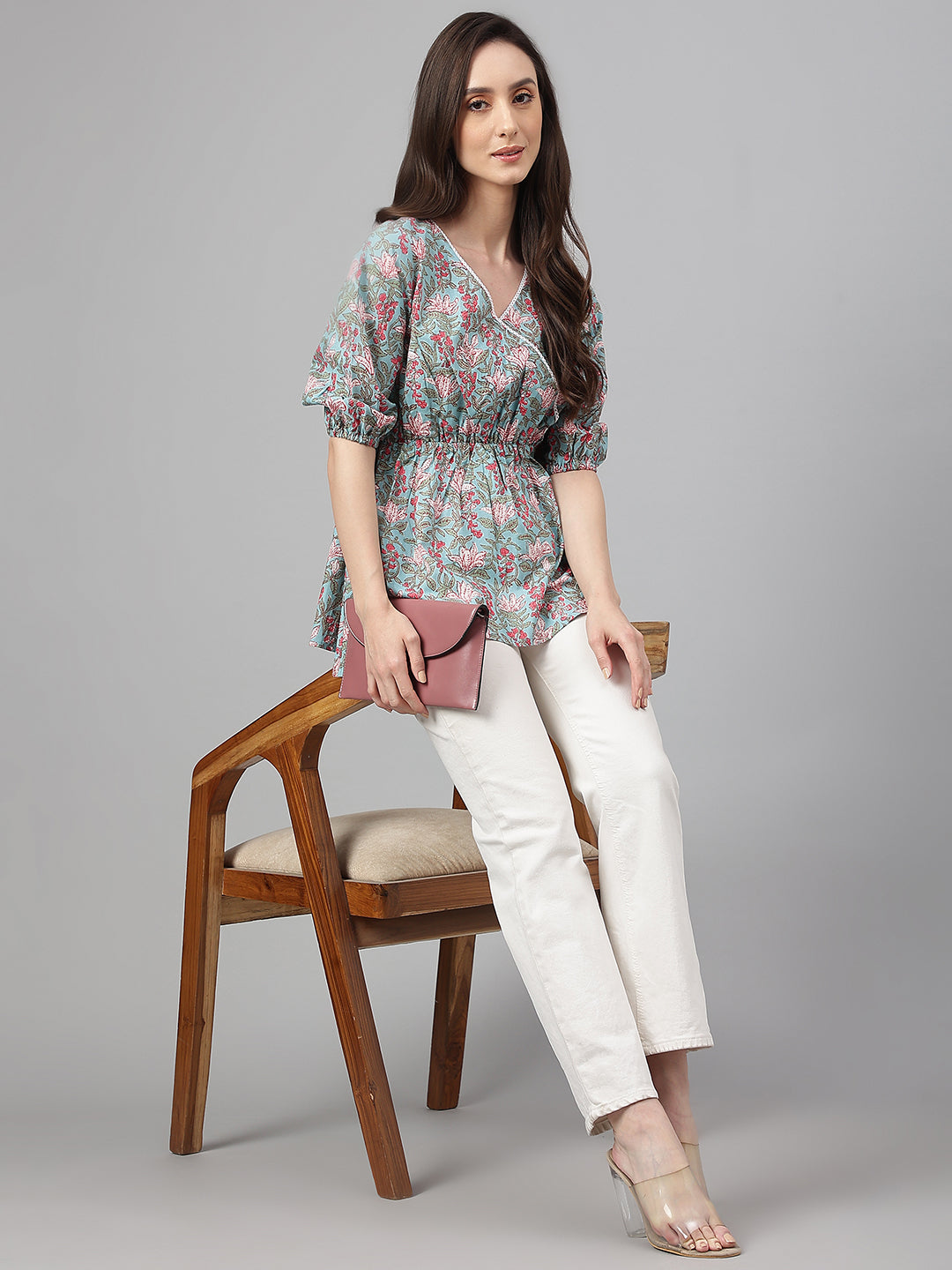 Janasya Women's Aqua Blue Cotton Floral Print Peplum Top