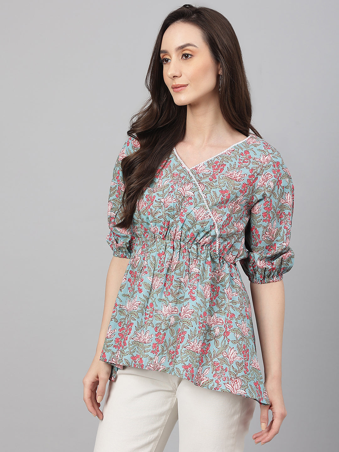 Janasya Women's Aqua Blue Cotton Floral Print Peplum Top