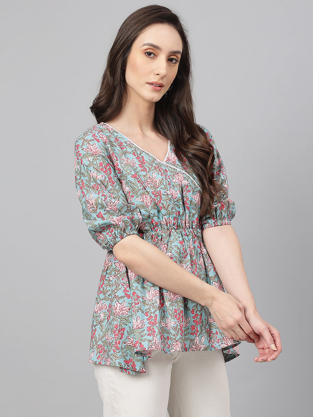 Janasya Women's Aqua Blue Cotton Floral Print Peplum Top