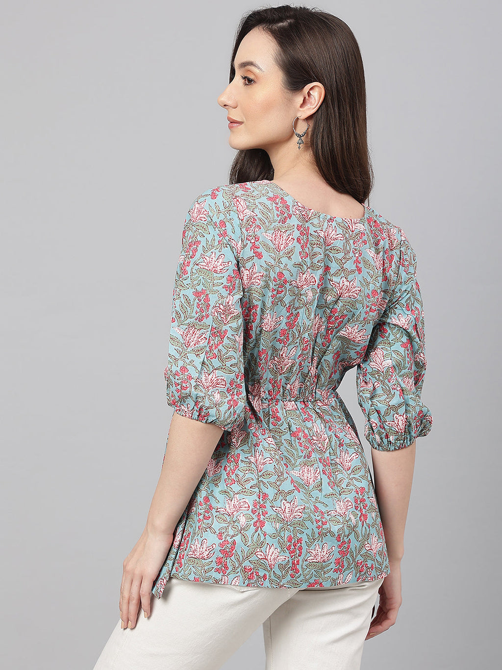 Janasya Women's Aqua Blue Cotton Floral Print Peplum Top