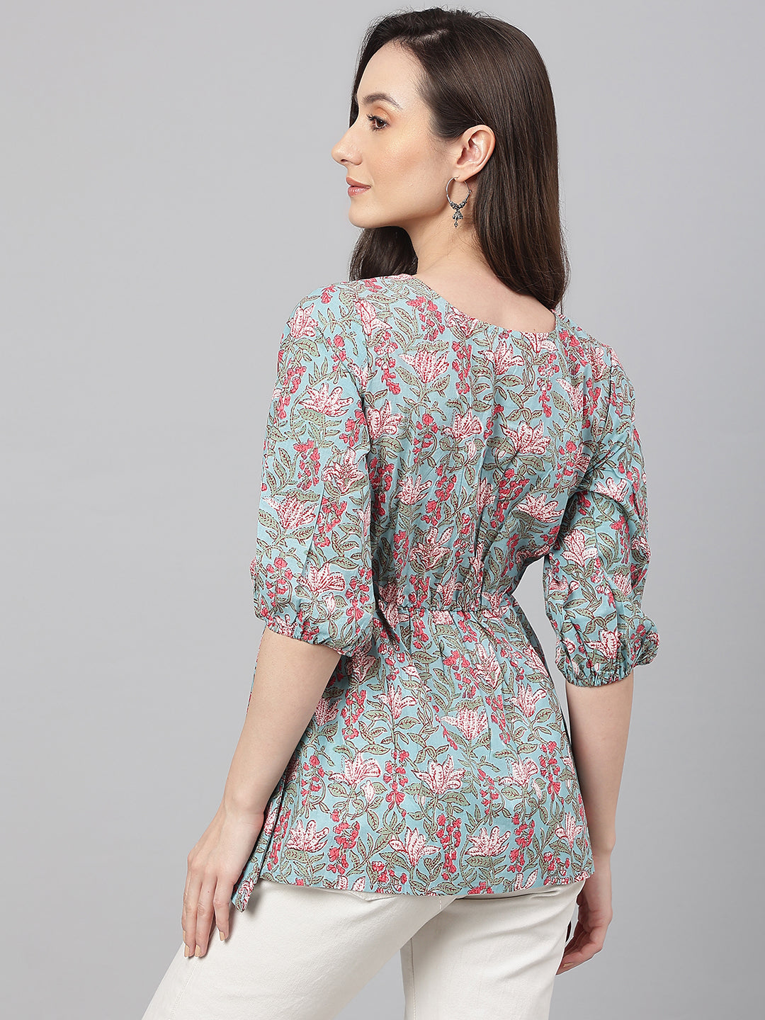 Janasya Women's Aqua Blue Cotton Floral Print Peplum Top