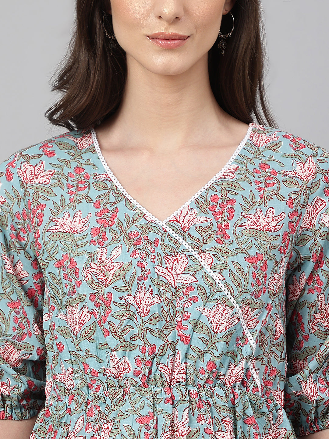 Janasya Women's Aqua Blue Cotton Floral Print Peplum Top