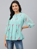 Janasya Women's Sea Green Dobby Georgette Floral Print Flared Top