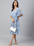 Janasya Women's Sky Blue Dobby Georgette Digital Print Flared Western Dress
