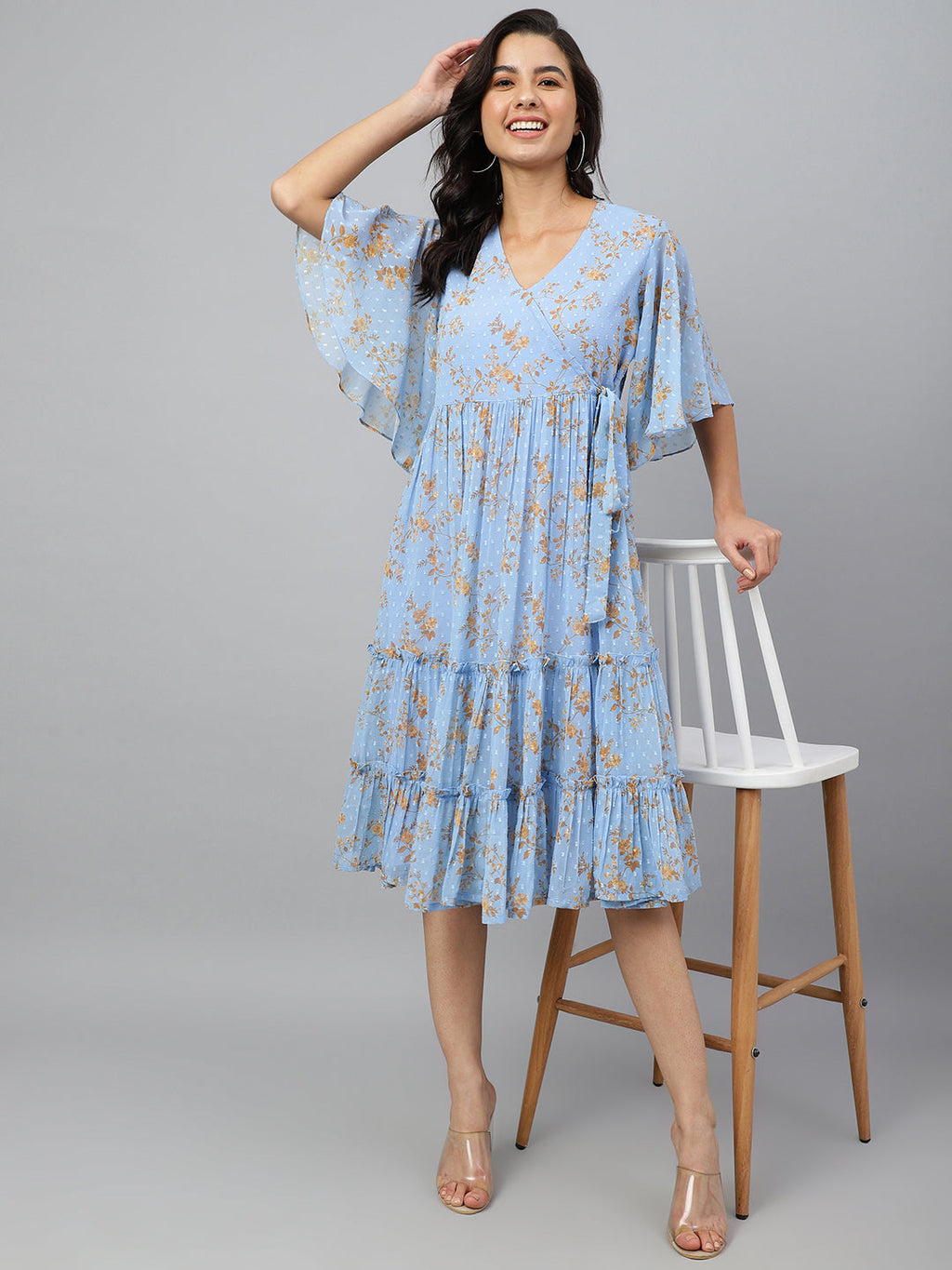 Janasya Women's Sky Blue Dobby Georgette Digital Print Flared Western Dress