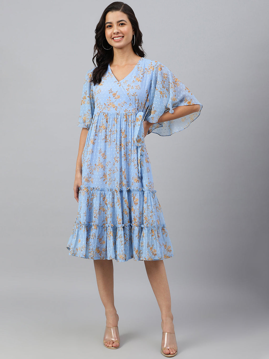 Janasya Women's Sky Blue Dobby Georgette Digital Print Flared Western Dress