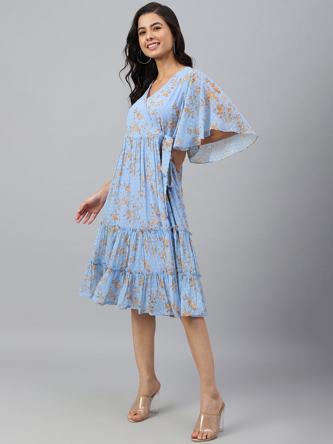 Janasya Women's Sky Blue Dobby Georgette Digital Print Flared Western Dress