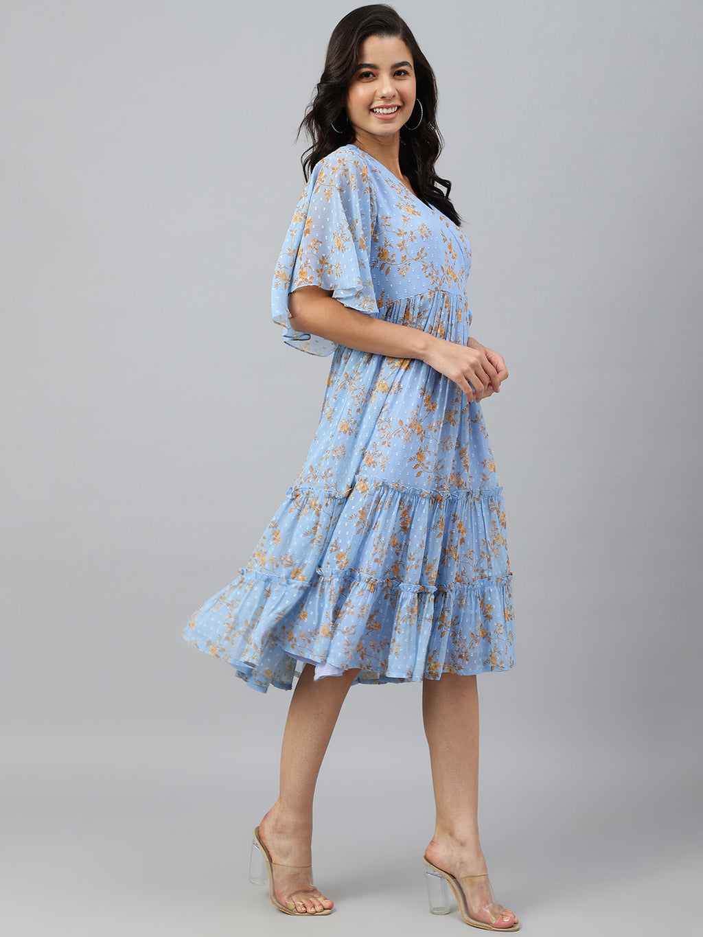 Janasya Women's Sky Blue Dobby Georgette Digital Print Flared Western Dress