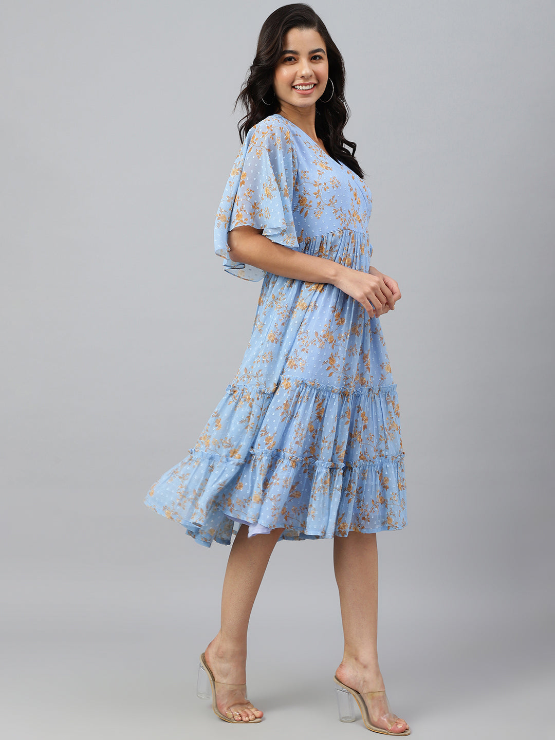 Janasya Women's Sky Blue Dobby Georgette Digital Print Flared Western Dress