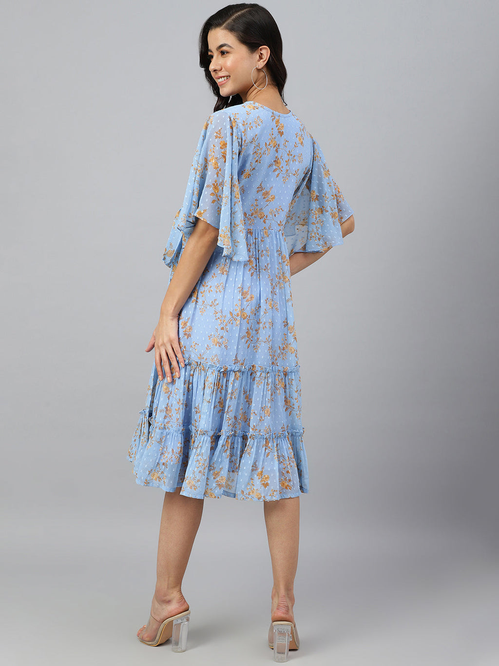 Janasya Women's Sky Blue Dobby Georgette Digital Print Flared Western Dress