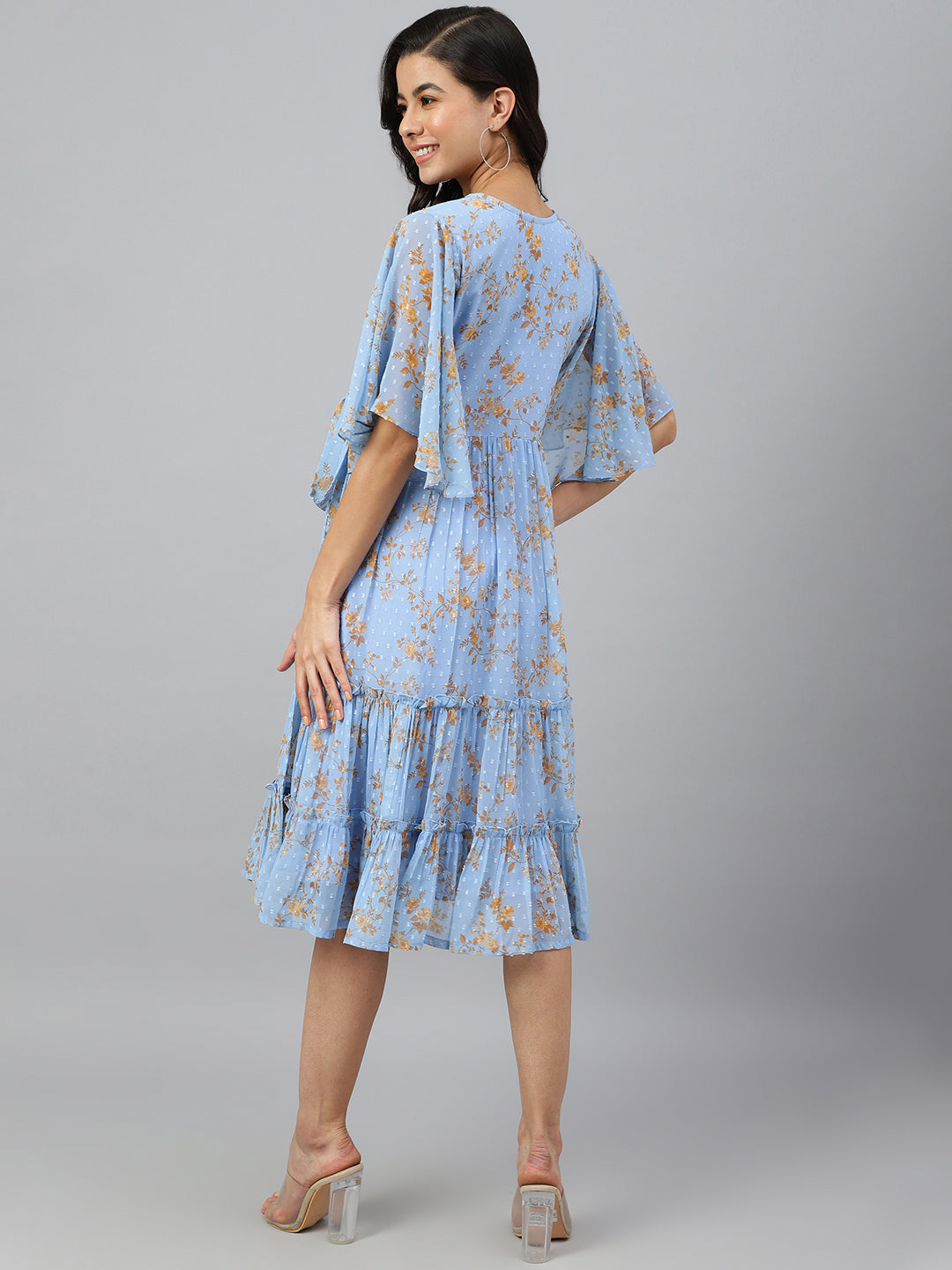 Janasya Women's Sky Blue Dobby Georgette Digital Print Flared Western Dress