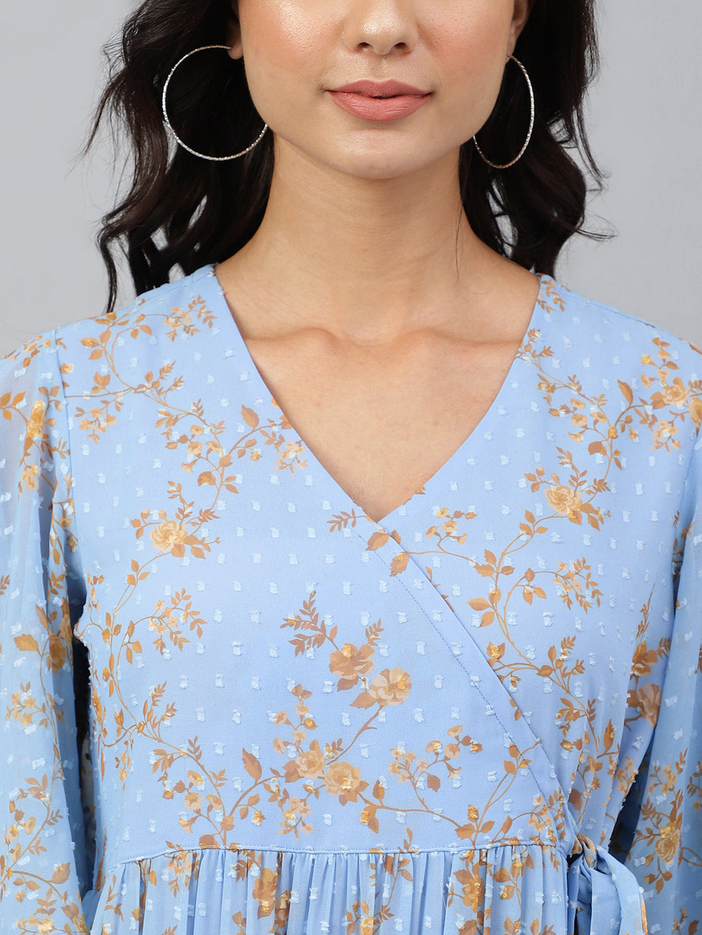 Janasya Women's Sky Blue Dobby Georgette Digital Print Flared Western Dress