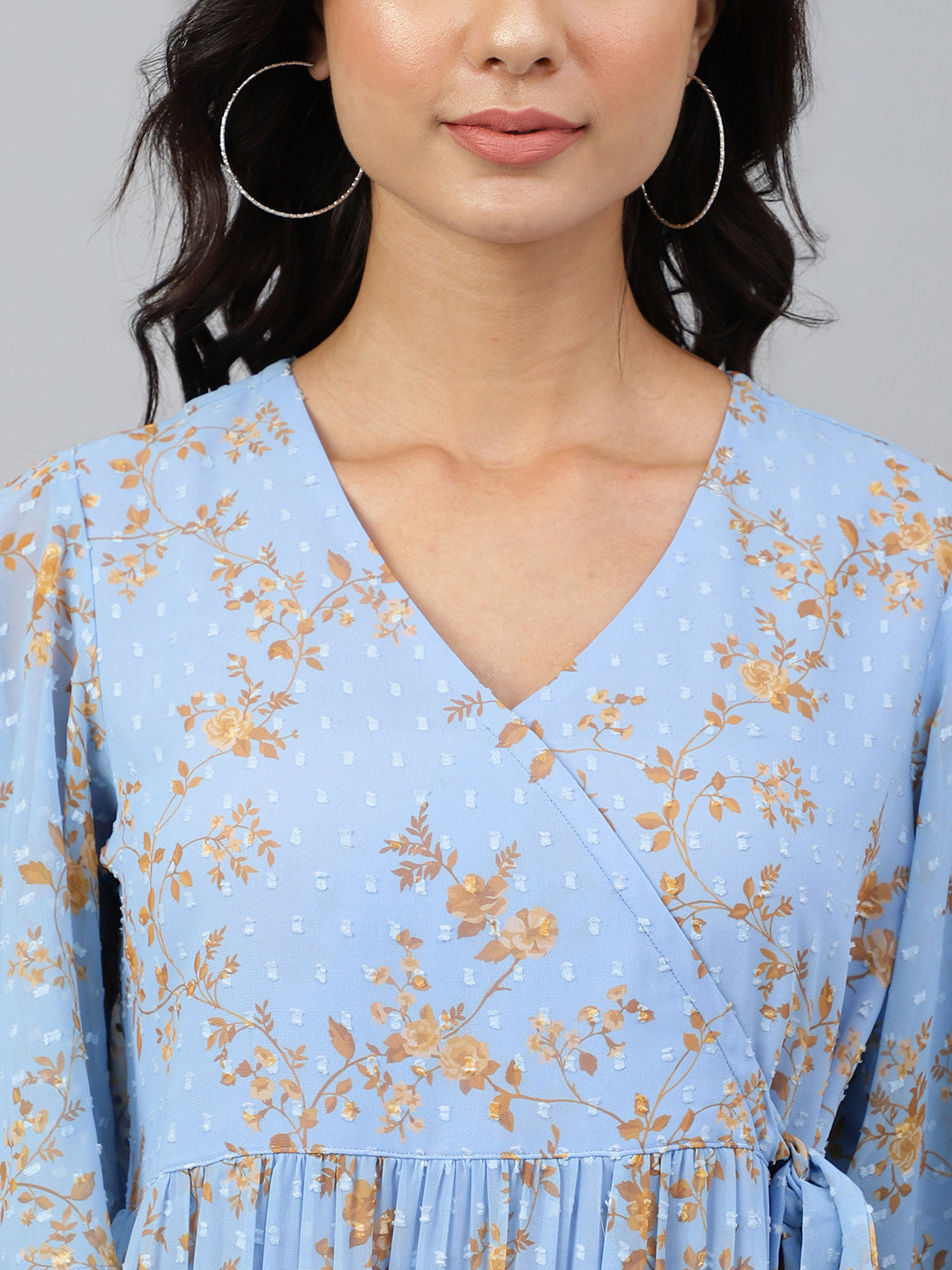 Janasya Women's Sky Blue Dobby Georgette Digital Print Flared Western Dress