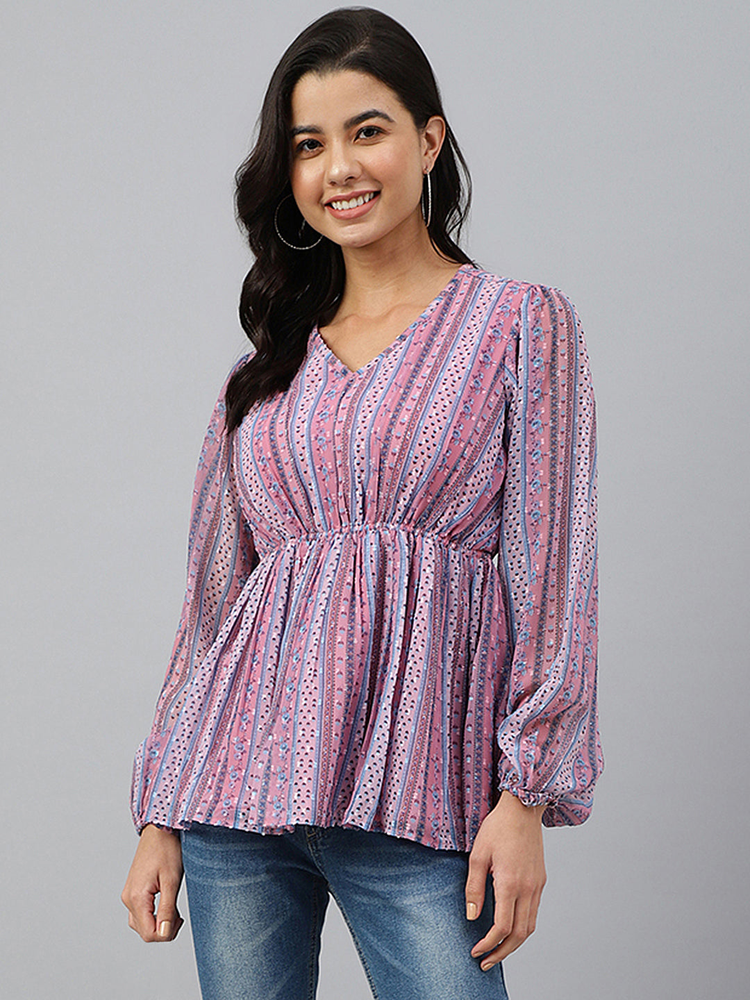 Janasya Women's Pink Dobby Georgette Digital Print Peplum Top