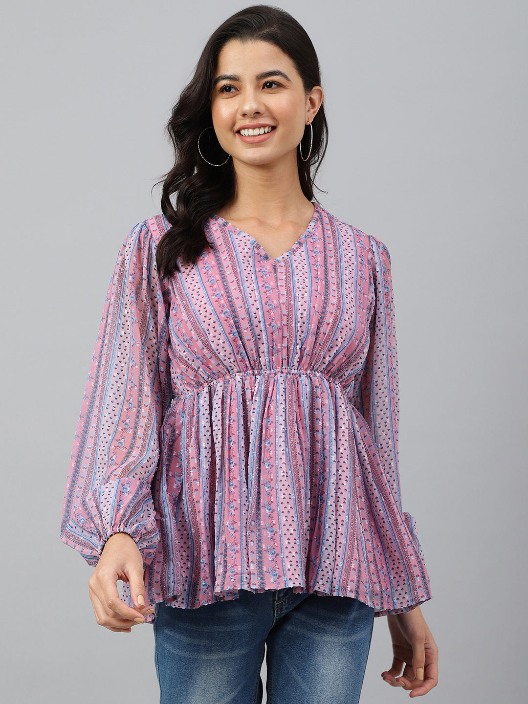 Janasya Women's Pink Dobby Georgette Digital Print Peplum Top