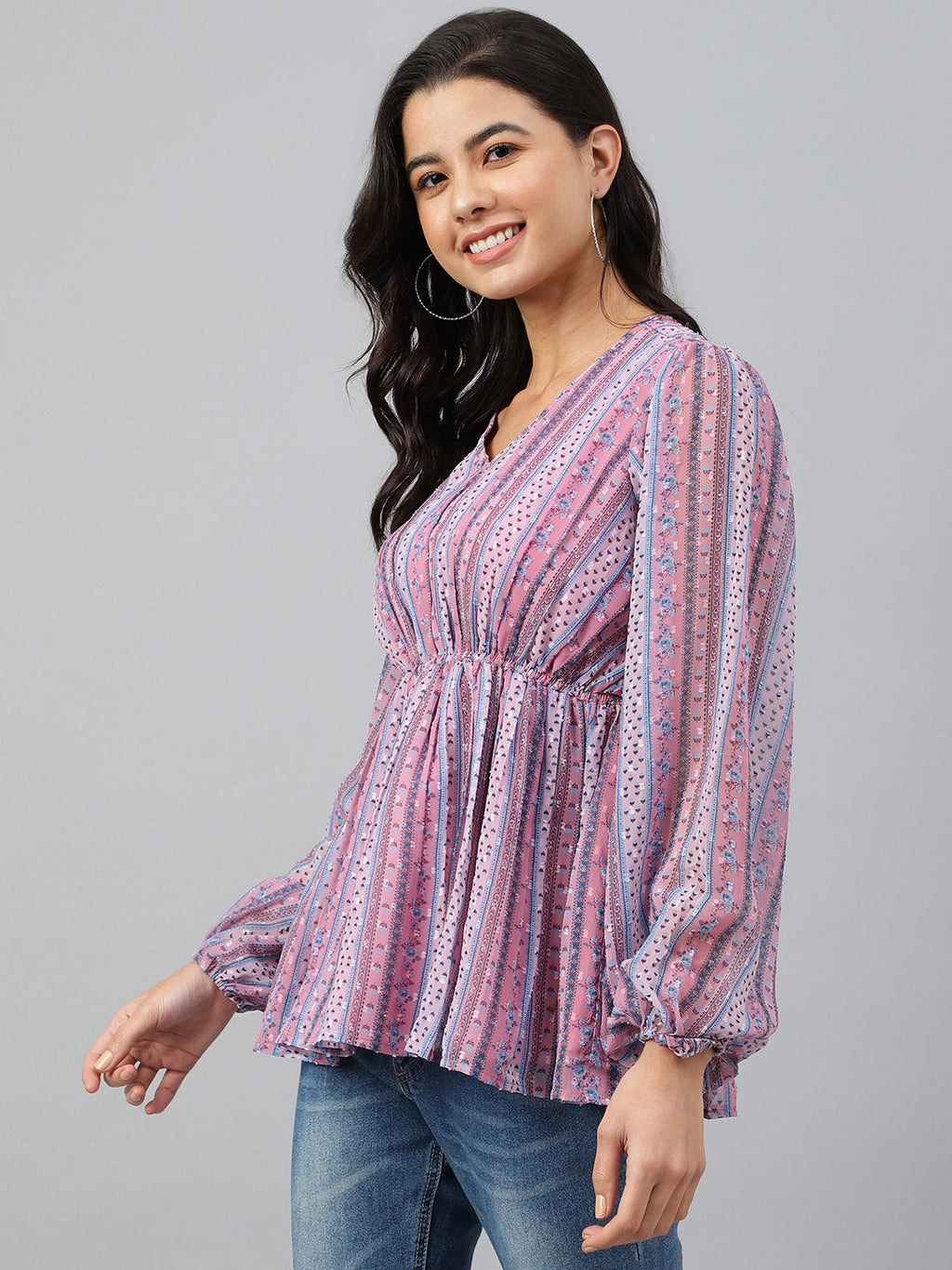 Janasya Women's Pink Dobby Georgette Digital Print Peplum Top