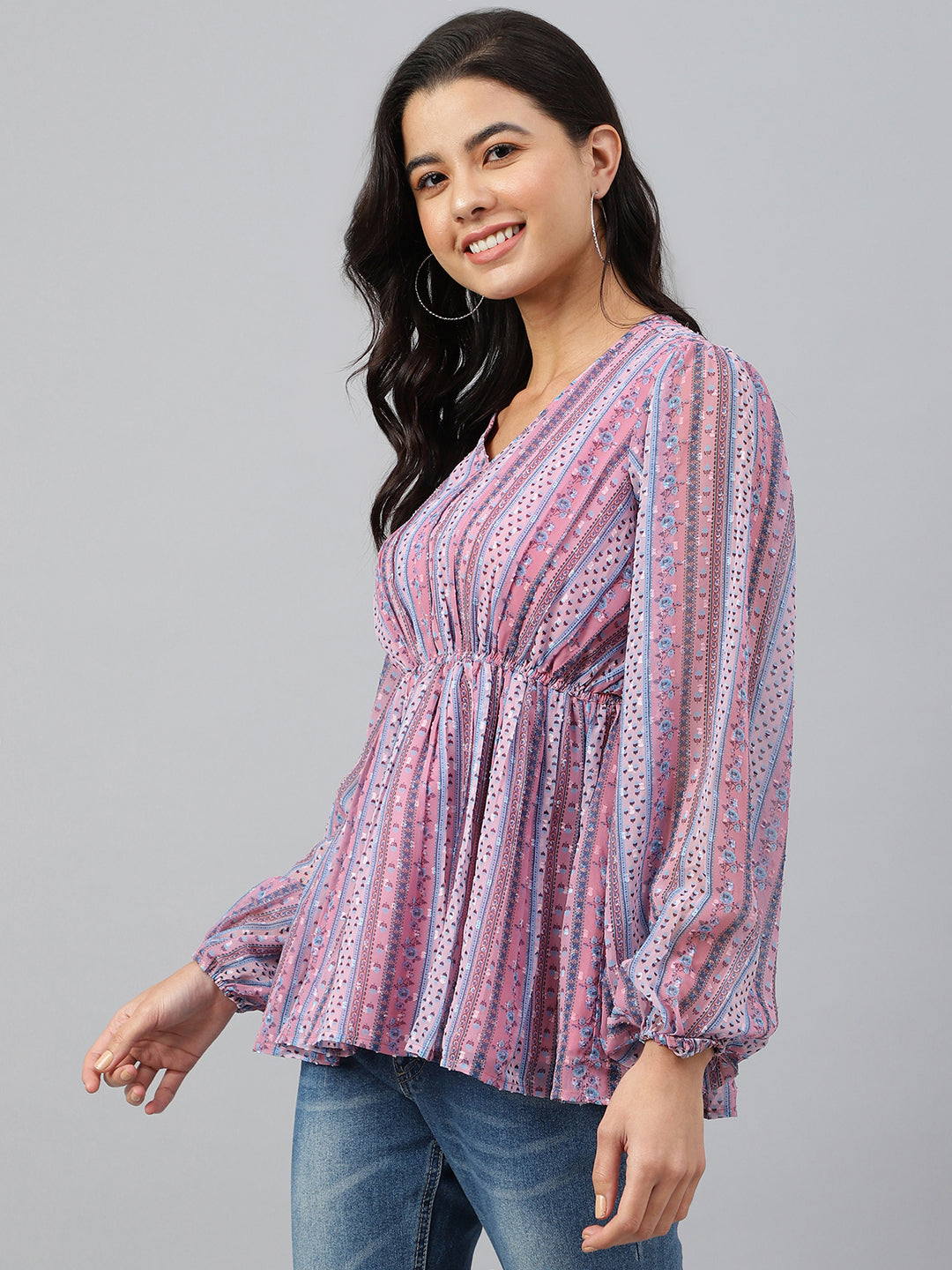 Janasya Women's Pink Dobby Georgette Digital Print Peplum Top